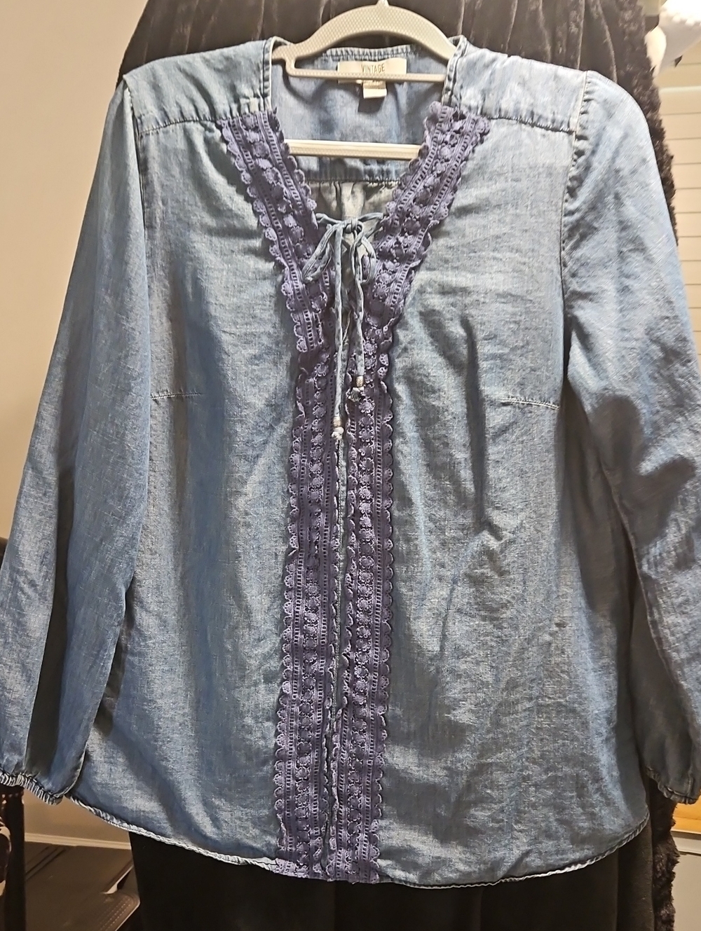 Vintage America Light Blue Chambray Blouse with Lavender Trim